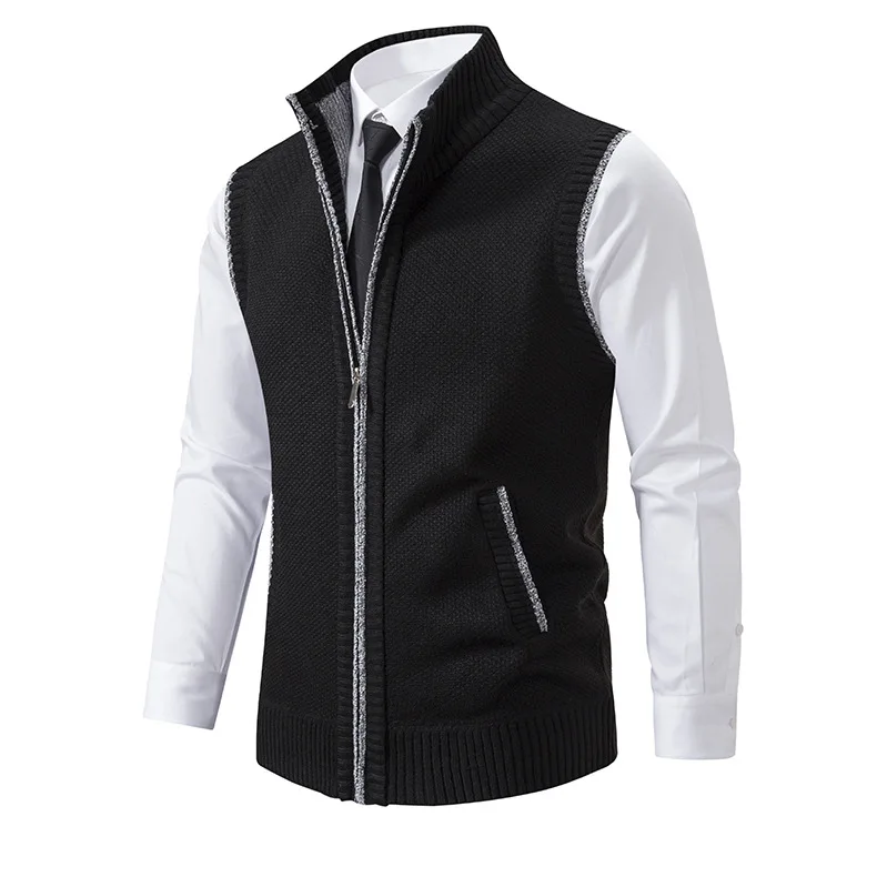 Men's Knitted Sleeveless Sweater Cardigan Zipper Sweater Vest Casual Sleeveless Warm Jacket Slim Fit Stand Collar Sweatercoat