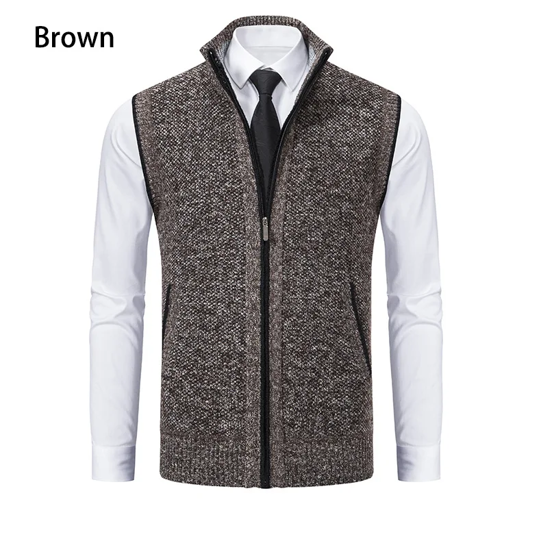Men's Knitted Sleeveless Sweater Cardigan Zipper Sweater Vest Casual Sleeveless Warm Jacket Slim Fit Stand Collar Sweatercoat