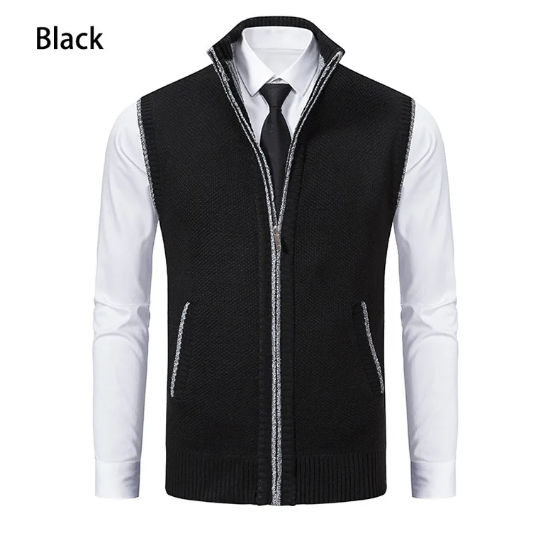Men's Knitted Sleeveless Sweater Cardigan Zipper Sweater Vest Casual Sleeveless Warm Jacket Slim Fit Stand Collar Sweatercoat