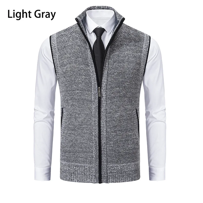 Men's Knitted Sleeveless Sweater Cardigan Zipper Sweater Vest Casual Sleeveless Warm Jacket Slim Fit Stand Collar Sweatercoat