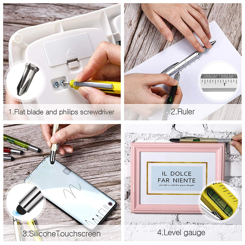 8Pcs 6 in 1 Multitool Pen with Ruler Tech Tool Level Gauge Screwdriver Multifunction Touch Screen Ballpoint Pens