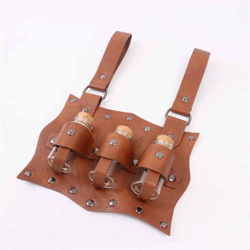 7PCS Medieval Belt Renaissance Punk Cork Dark Three Potions Glass Magic Bottle Waist Bag Halloween Cosplay Costume Belt Props