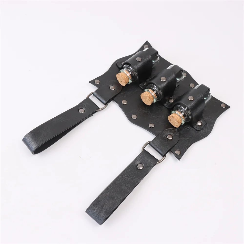 7PCS Medieval Belt Renaissance Punk Cork Dark Three Potions Glass Magic Bottle Waist Bag Halloween Cosplay Costume Belt Props