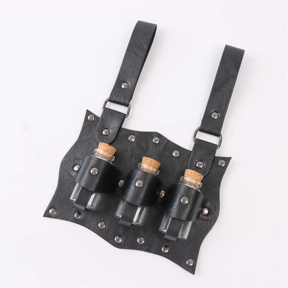 7PCS Medieval Belt Renaissance Punk Cork Dark Three Potions Glass Magic Bottle Waist Bag Halloween Cosplay Costume Belt Props