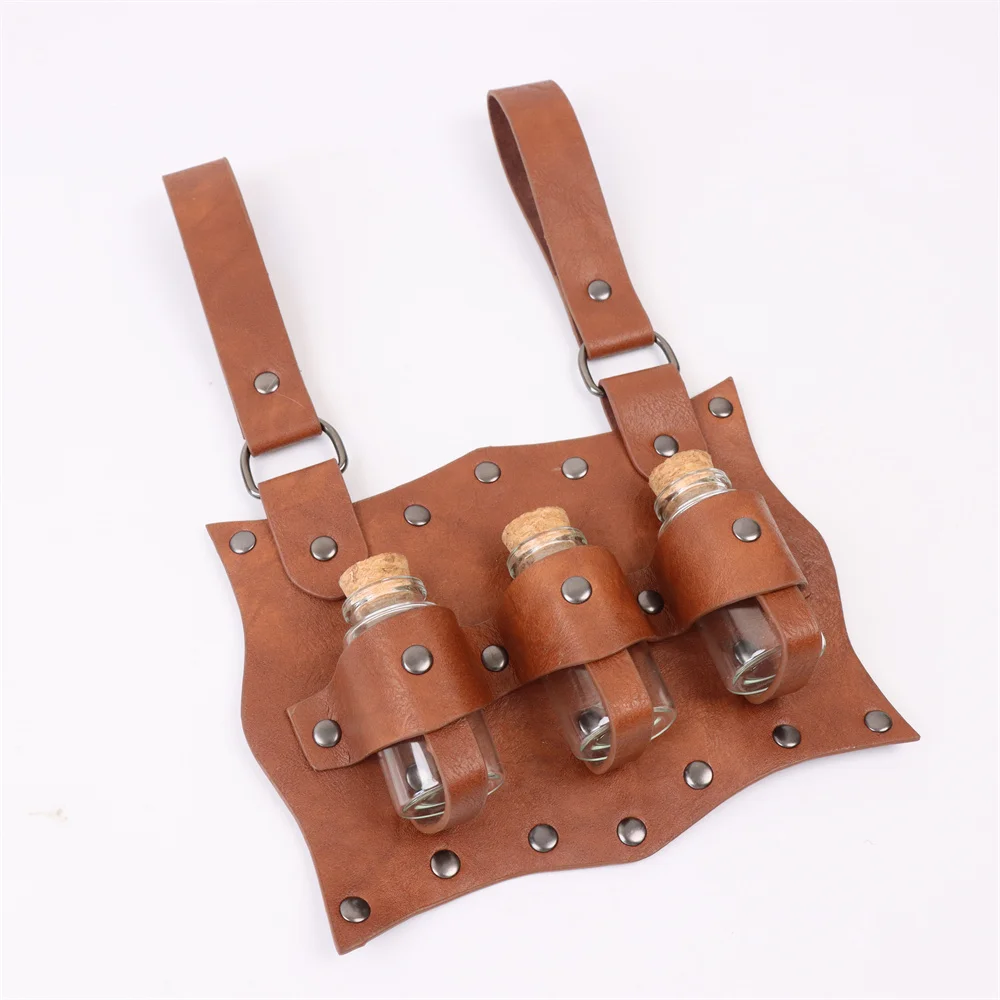 7PCS Medieval Belt Renaissance Punk Cork Dark Three Potions Glass Magic Bottle Waist Bag Halloween Cosplay Costume Belt Props