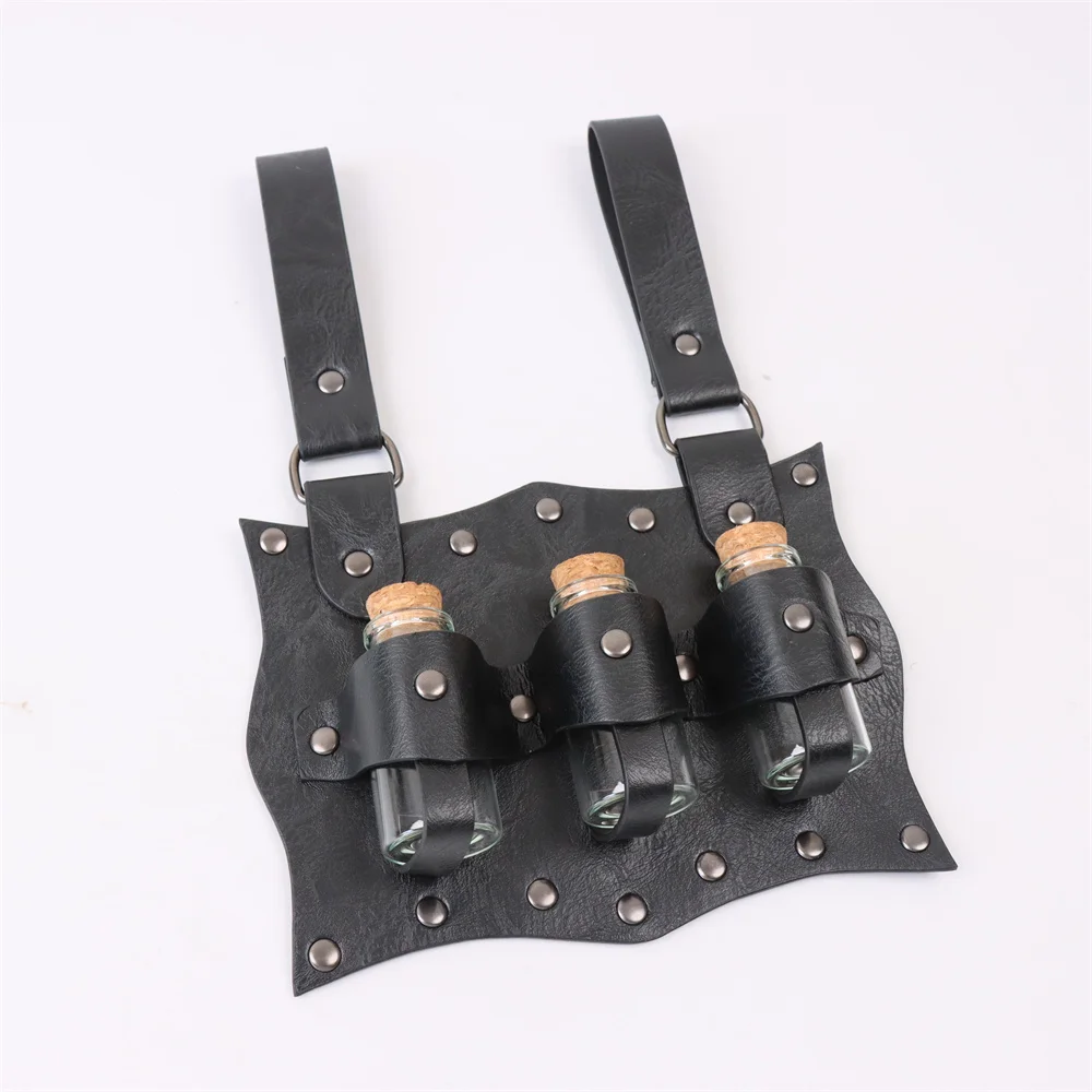 7PCS Medieval Belt Renaissance Punk Cork Dark Three Potions Glass Magic Bottle Waist Bag Halloween Cosplay Costume Belt Props