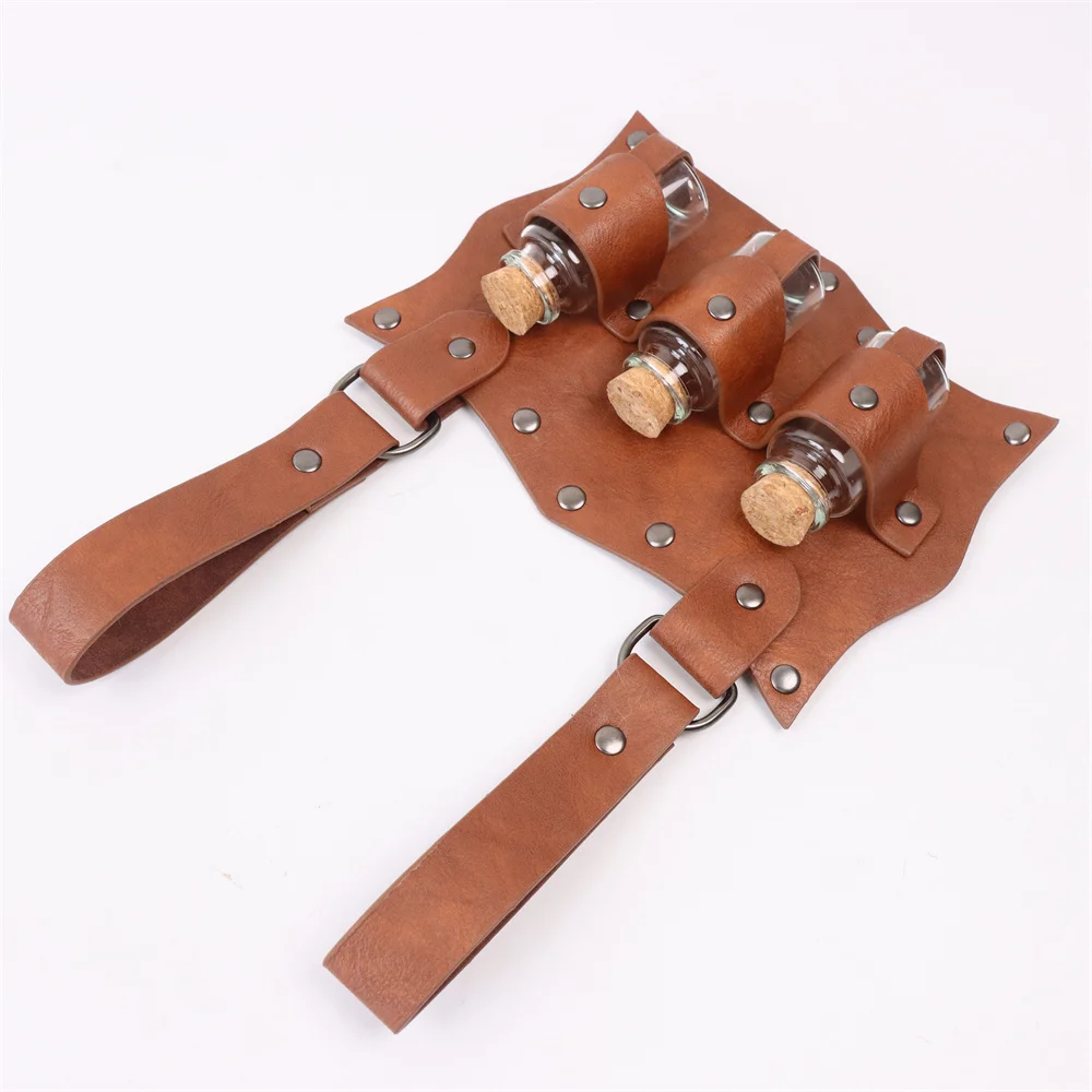 7PCS Medieval Belt Renaissance Punk Cork Dark Three Potions Glass Magic Bottle Waist Bag Halloween Cosplay Costume Belt Props