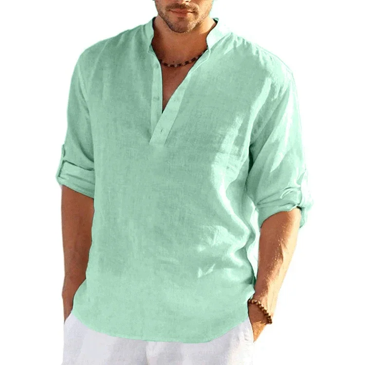 New Men's Linen Long Sleeve T Shirt Solid Color Loose Casual Breathable Shirt Cotton Mens Shirts Designer Lightweight Streetwear