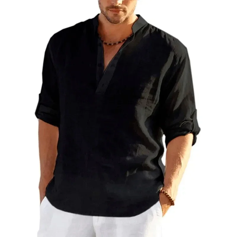 New Men's Linen Long Sleeve T Shirt Solid Color Loose Casual Breathable Shirt Cotton Mens Shirts Designer Lightweight Streetwear