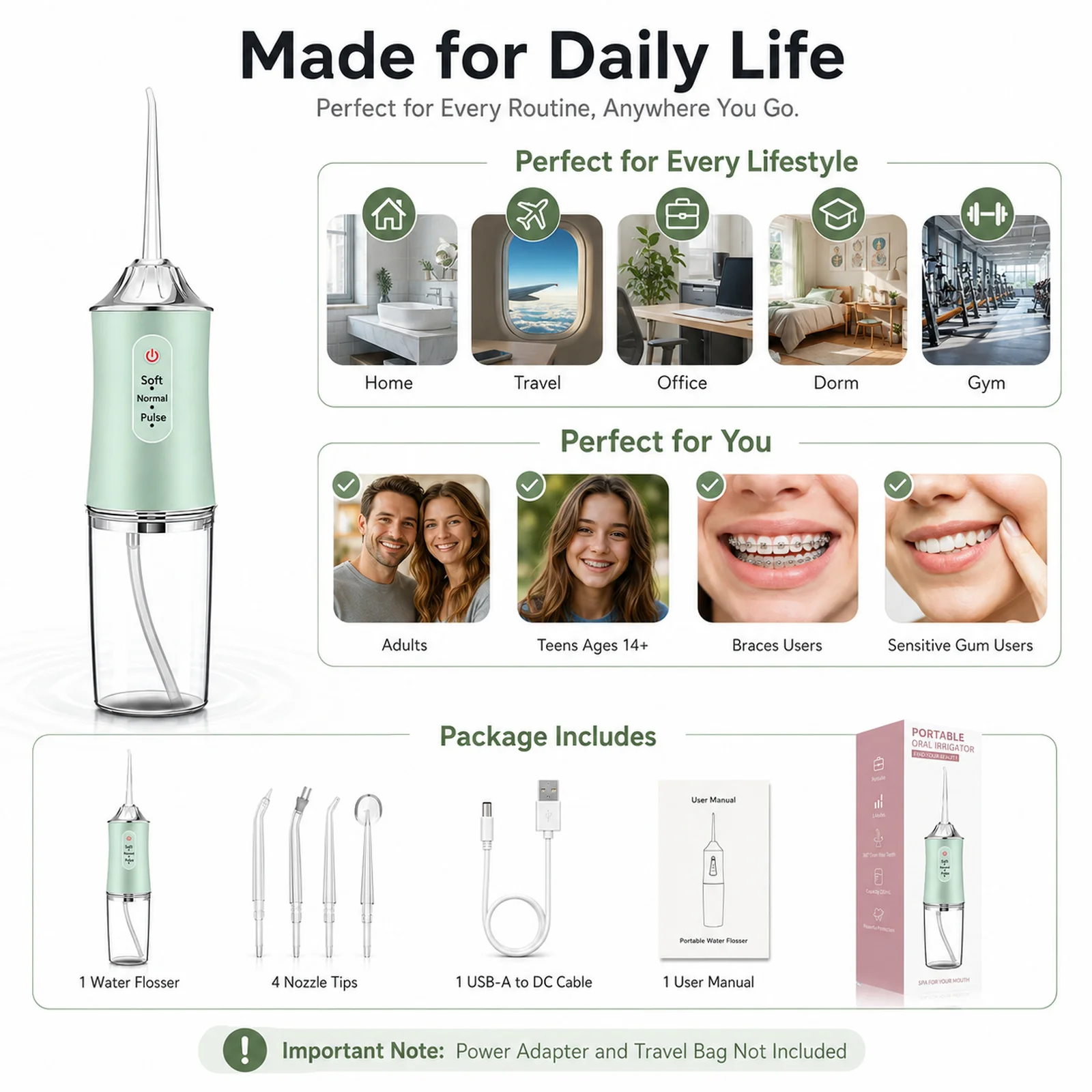 Powerful Battery Portable Electric Pick Ipx7 3 Modes Waterproof Toothbrush Combo Braces Kids Oral Irrigator Water Dental Flosser