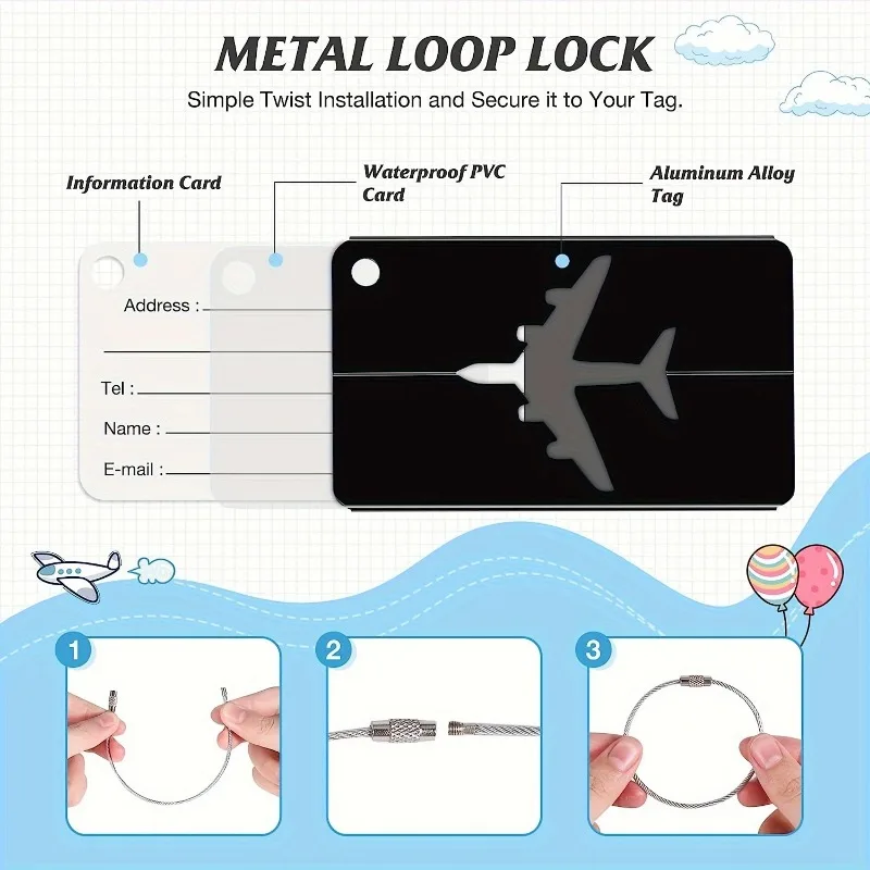 5PCS Durable Aluminum Luggage Tag Fashion Anti-theft Steel Ring Design Luggage Identification Aircraft Check-in Sling Tag