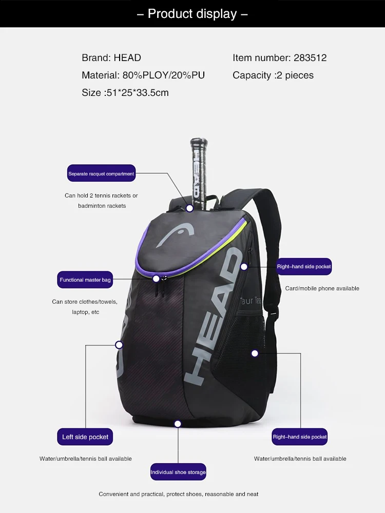 HEAD Tennis Shoulder Bag Tennis Racket Bags for Men and Women Comfortable and Fashionable Tennis Racket Bags Storage Backpack