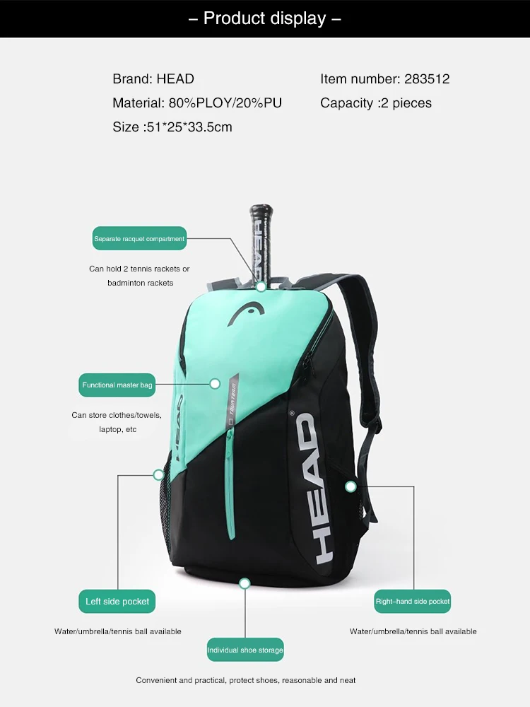 HEAD Tennis Shoulder Bag Tennis Racket Bags for Men and Women Comfortable and Fashionable Tennis Racket Bags Storage Backpack