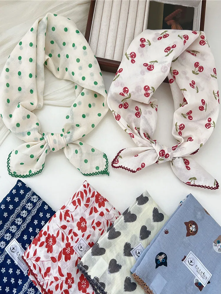 French Cotton Linen Square Hair Scarf Women Girls Spring Summer Korea Hair Band Sweet Scarf Kerchief Girl Headscarf Headdress