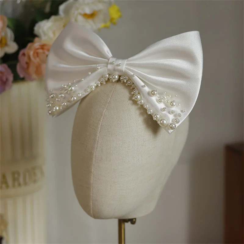 Satin Bowknot Hair Clips For Women Pearl Large Bow Barrettes Hairpins Hair Accessories Party Prom Wedding Hairclip Headdress