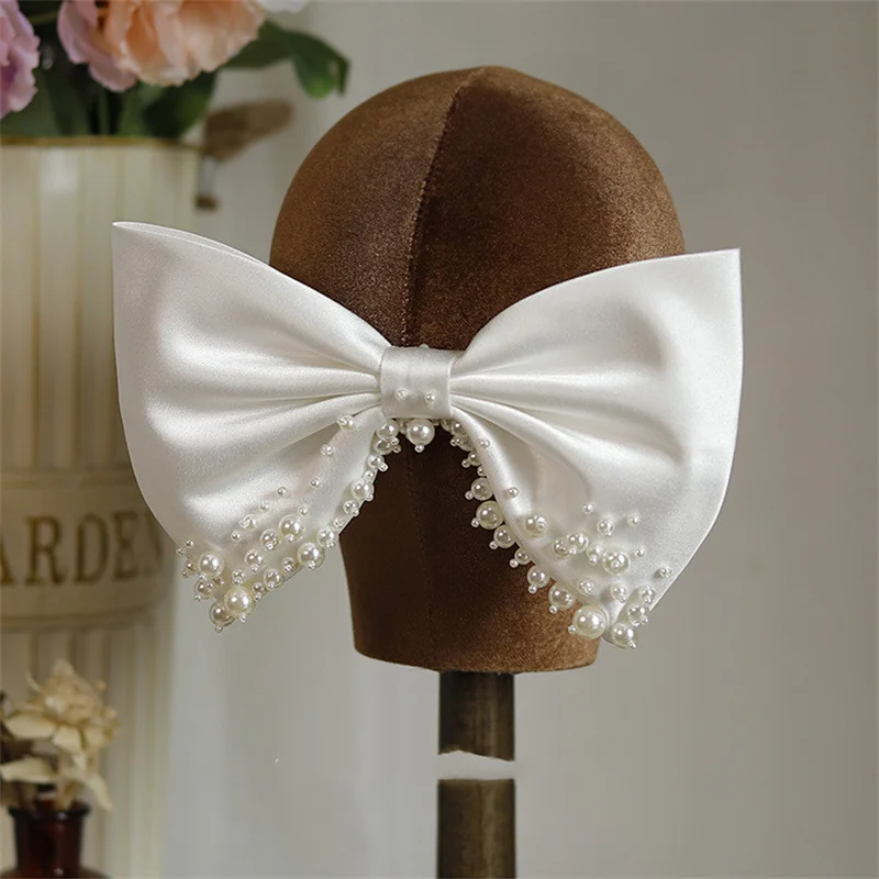 Satin Bowknot Hair Clips For Women Pearl Large Bow Barrettes Hairpins Hair Accessories Party Prom Wedding Hairclip Headdress
