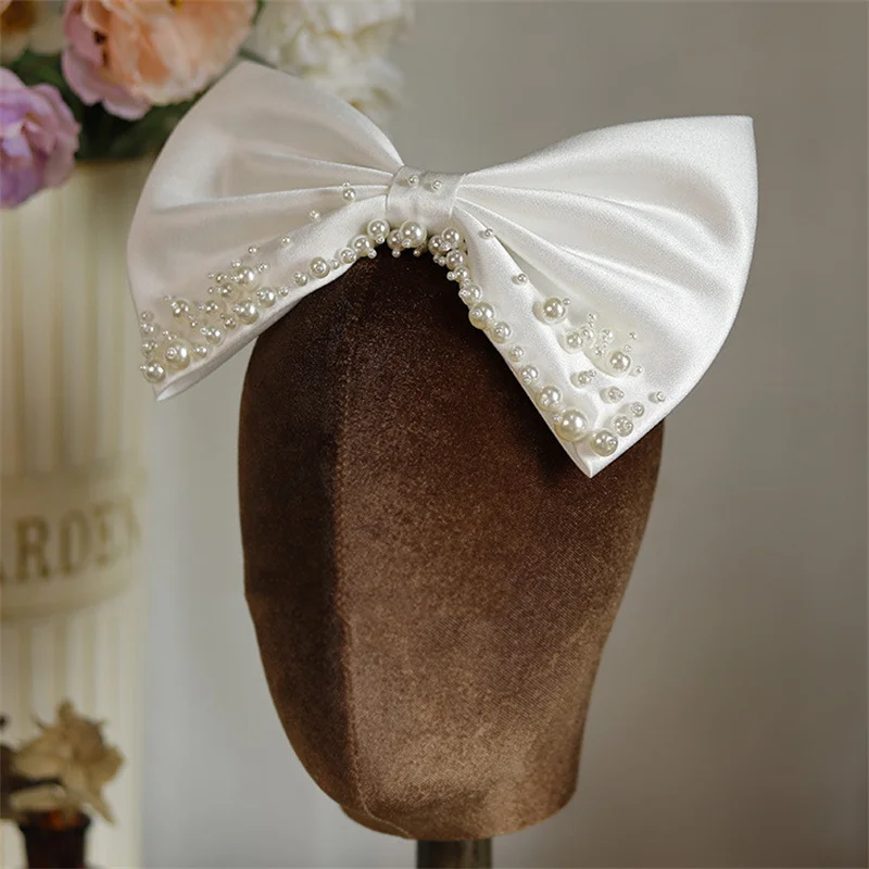 Satin Bowknot Hair Clips For Women Pearl Large Bow Barrettes Hairpins Hair Accessories Party Prom Wedding Hairclip Headdress
