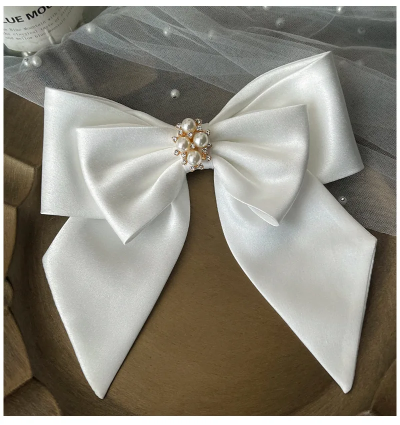 Satin Bowknot Hair Clips For Women Pearl Large Bow Barrettes Hairpins Hair Accessories Party Prom Wedding Hairclip Headdress