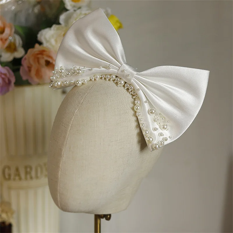 Satin Bowknot Hair Clips For Women Pearl Large Bow Barrettes Hairpins Hair Accessories Party Prom Wedding Hairclip Headdress