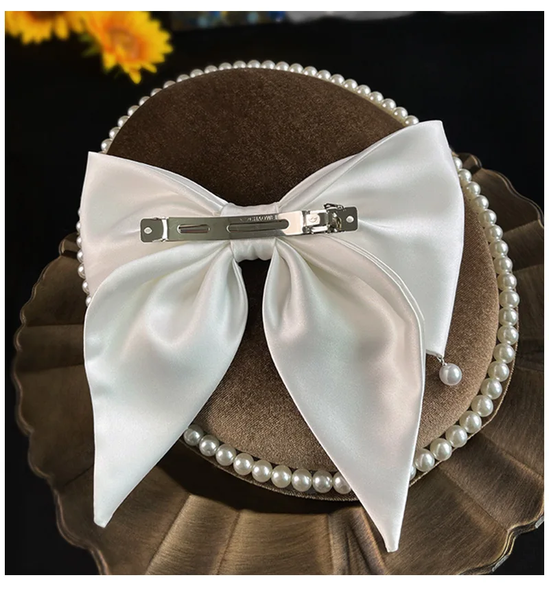 Satin Bowknot Hair Clips For Women Pearl Large Bow Barrettes Hairpins Hair Accessories Party Prom Wedding Hairclip Headdress
