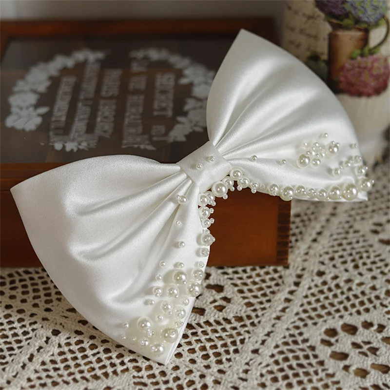 Satin Bowknot Hair Clips For Women Pearl Large Bow Barrettes Hairpins Hair Accessories Party Prom Wedding Hairclip Headdress