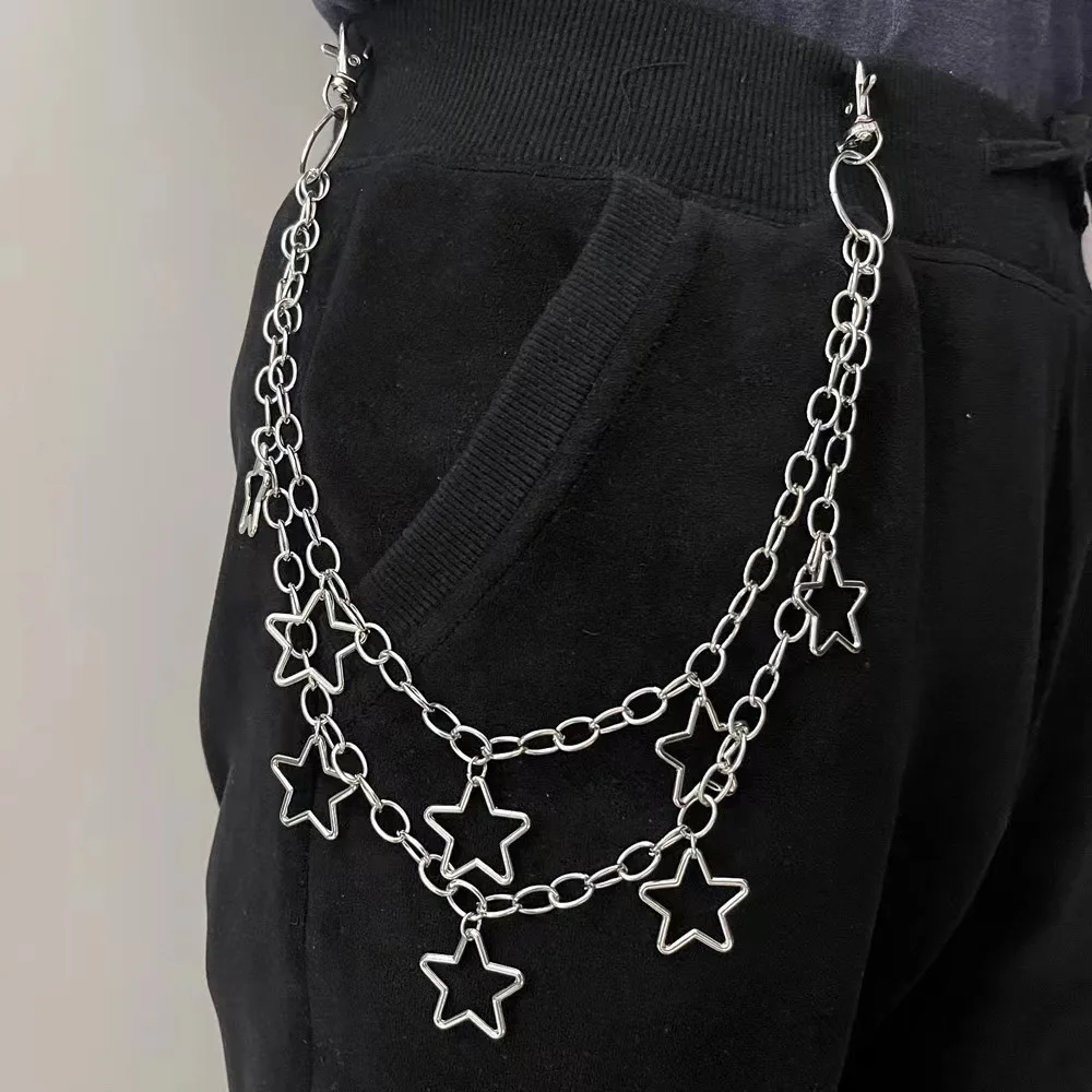 1pc Star Double Layer Waist Chain Mens Decorative Pant Chain Jeans Trouser Chains Hip Hop Rock Chain Punk Retro Belt Chain