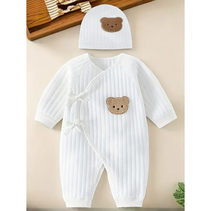 All Seasons Cute Infant Newborn Baby Romper Baby Boy Girl Cartoon Bear Cotton Jumpsuit with Hat