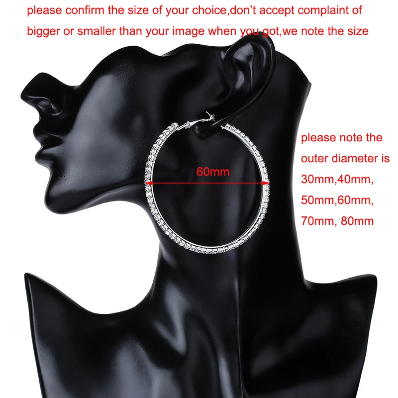 30-80mm Big Hoop Earrings For Women Girls Circle Crystal Rhinestone Earrings Black Gold Silver Color Round Earings Party Gift