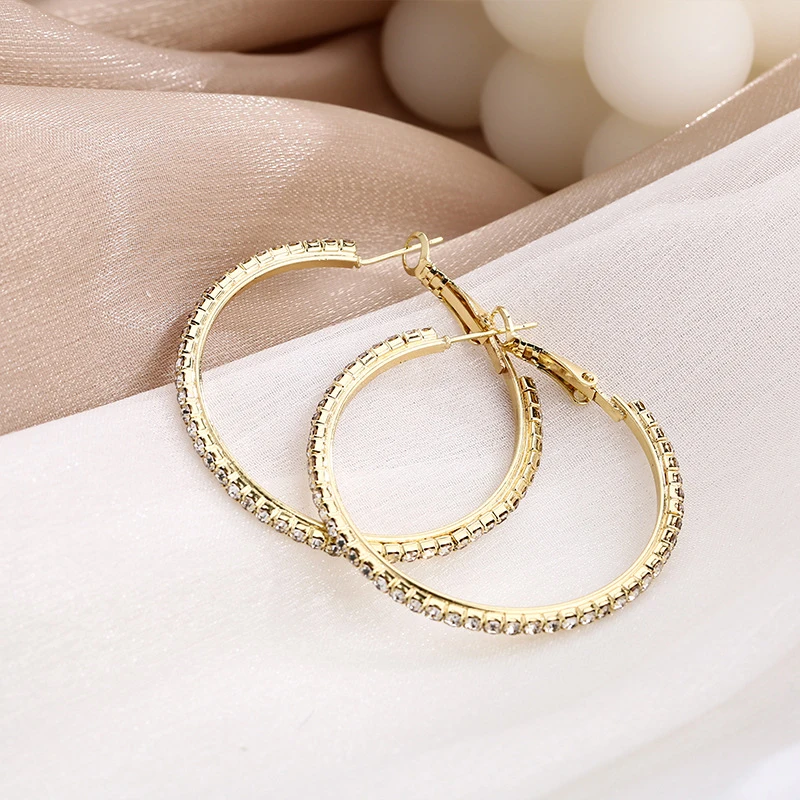 30-80mm Big Hoop Earrings For Women Girls Circle Crystal Rhinestone Earrings Black Gold Silver Color Round Earings Party Gift