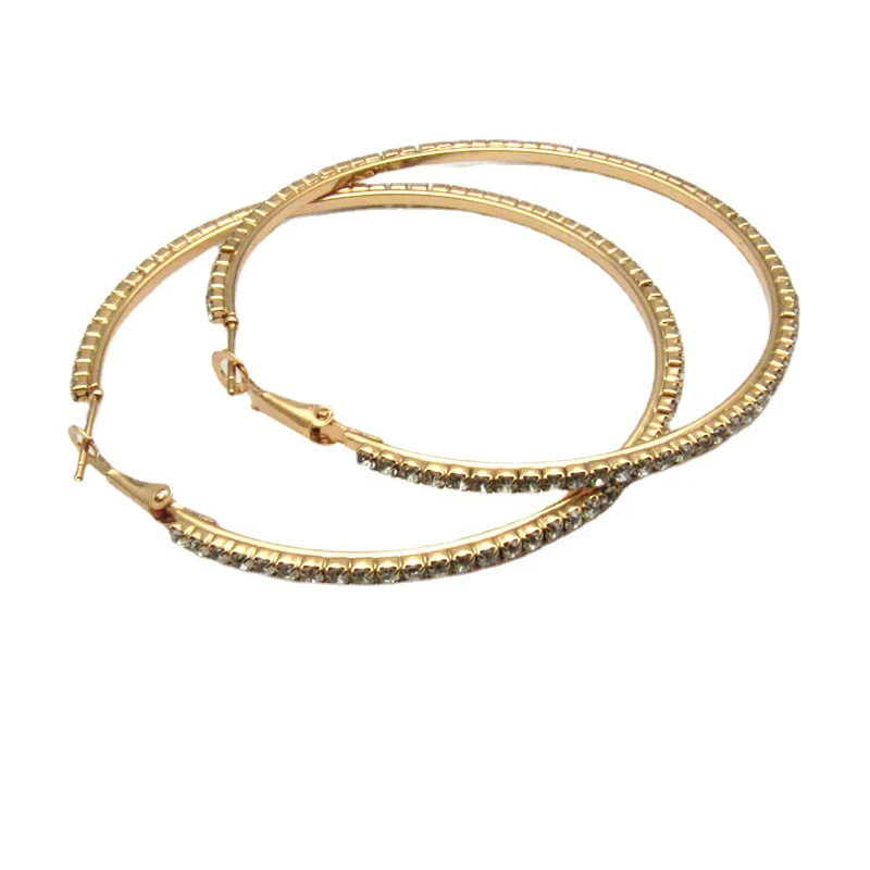 30-80mm Big Hoop Earrings For Women Girls Circle Crystal Rhinestone Earrings Black Gold Silver Color Round Earings Party Gift