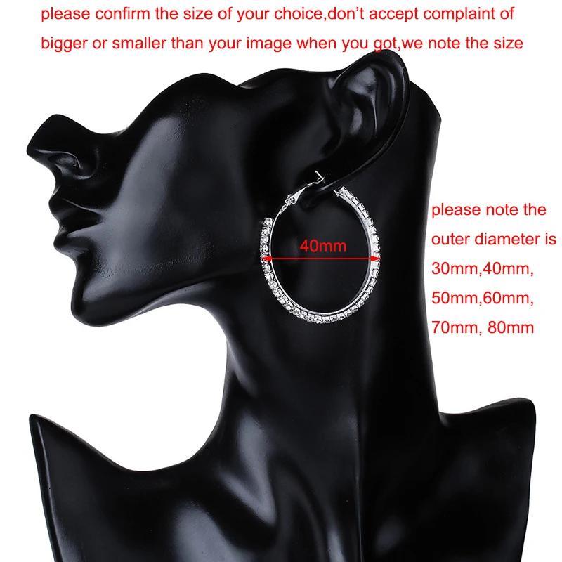 30-80mm Big Hoop Earrings For Women Girls Circle Crystal Rhinestone Earrings Black Gold Silver Color Round Earings Party Gift