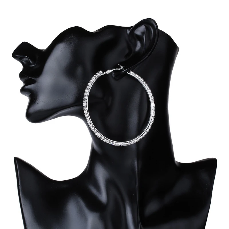 30-80mm Big Hoop Earrings For Women Girls Circle Crystal Rhinestone Earrings Black Gold Silver Color Round Earings Party Gift