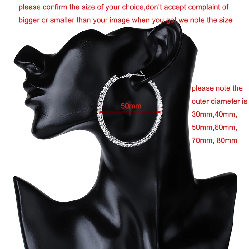 30-80mm Big Hoop Earrings For Women Girls Circle Crystal Rhinestone Earrings Black Gold Silver Color Round Earings Party Gift