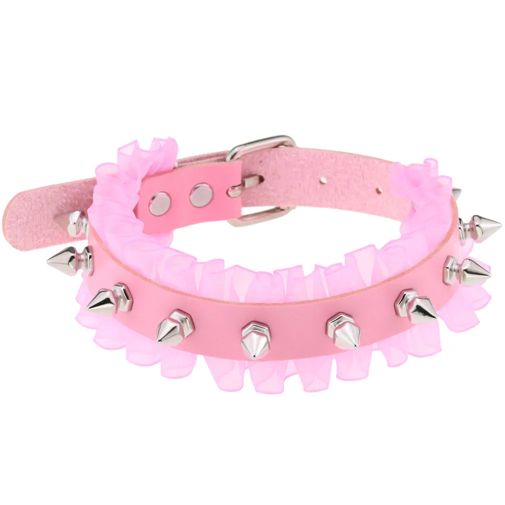 DIEZI Trendy Punk Pink Lace Leather Choker Necklace For Women Men Torques Harajuku Gothic Cirle Heart Pendant Necklace Jewelry