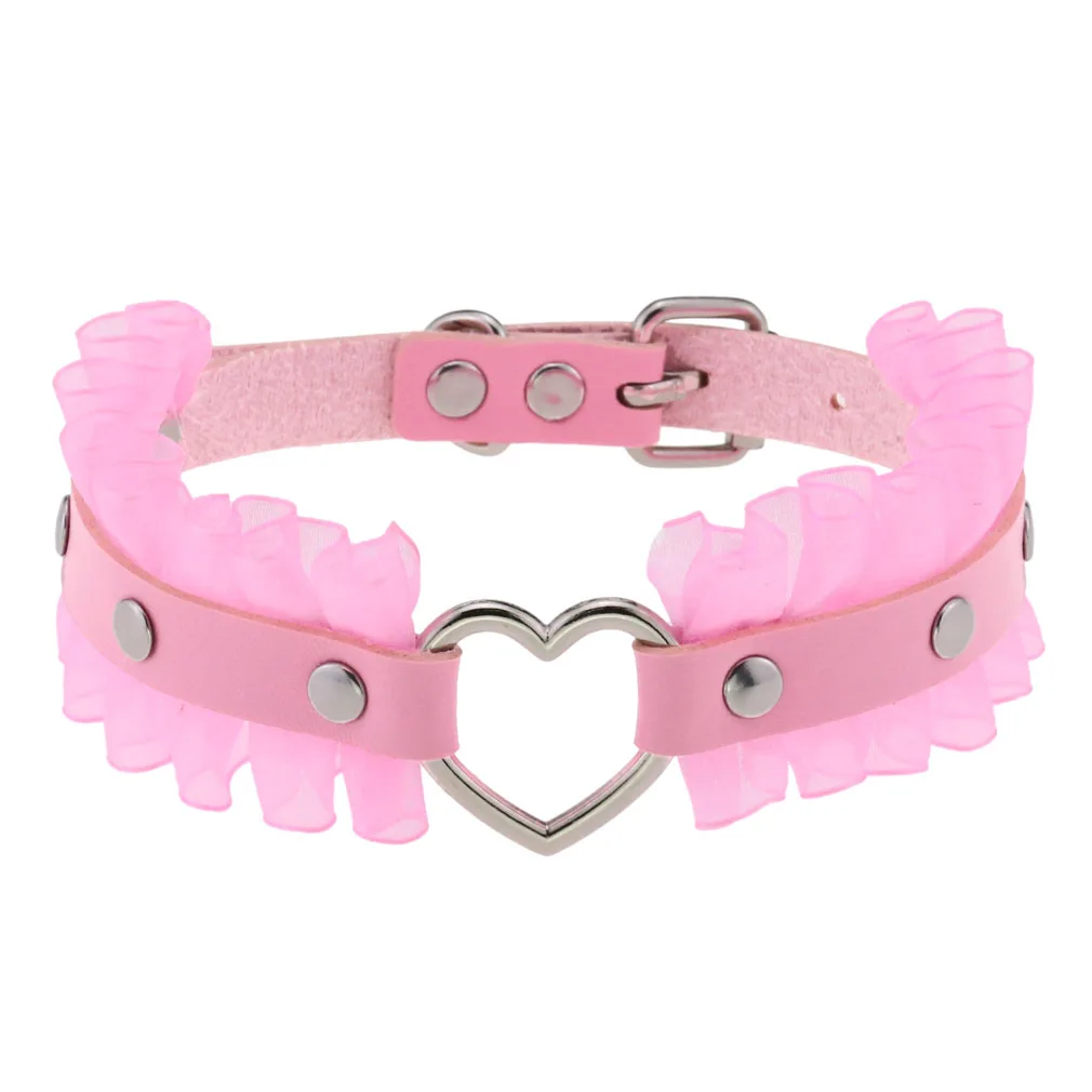 DIEZI Trendy Punk Pink Lace Leather Choker Necklace For Women Men Torques Harajuku Gothic Cirle Heart Pendant Necklace Jewelry
