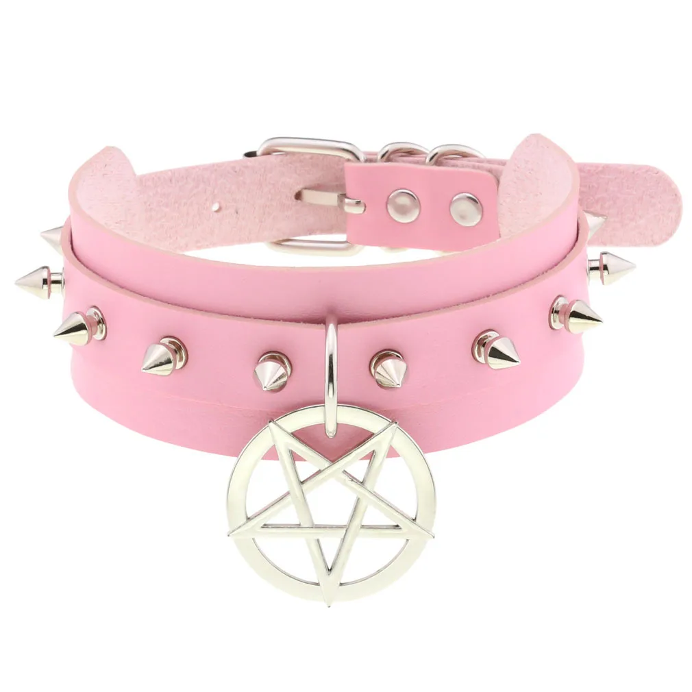 DIEZI Trendy Punk Pink Lace Leather Choker Necklace For Women Men Torques Harajuku Gothic Cirle Heart Pendant Necklace Jewelry