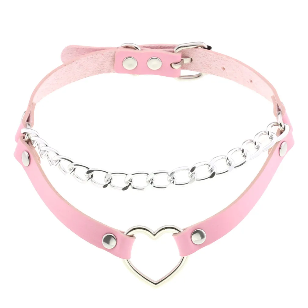 DIEZI Trendy Punk Pink Lace Leather Choker Necklace For Women Men Torques Harajuku Gothic Cirle Heart Pendant Necklace Jewelry