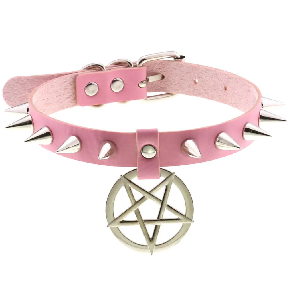 DIEZI Trendy Punk Pink Lace Leather Choker Necklace For Women Men Torques Harajuku Gothic Cirle Heart Pendant Necklace Jewelry