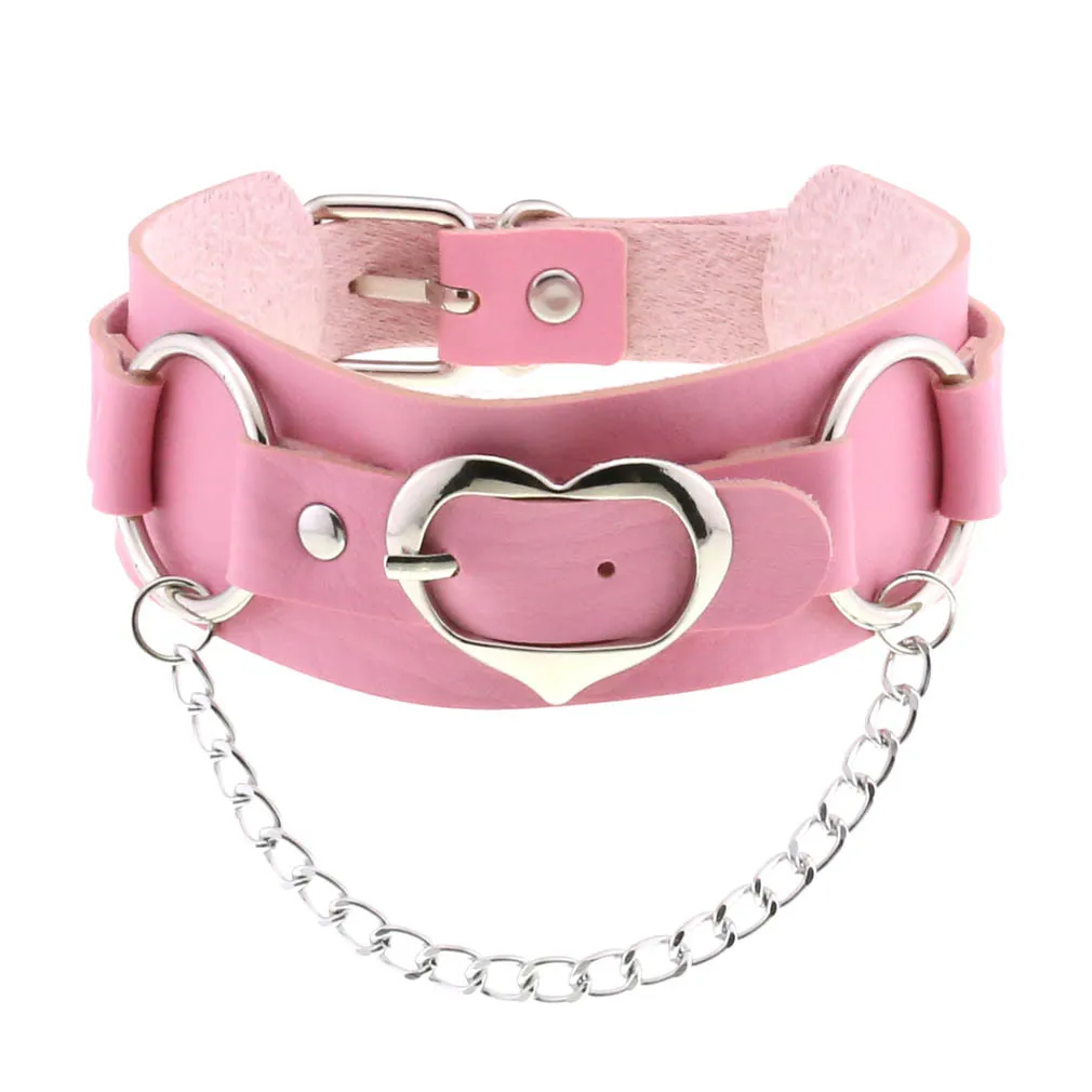 DIEZI Trendy Punk Pink Lace Leather Choker Necklace For Women Men Torques Harajuku Gothic Cirle Heart Pendant Necklace Jewelry