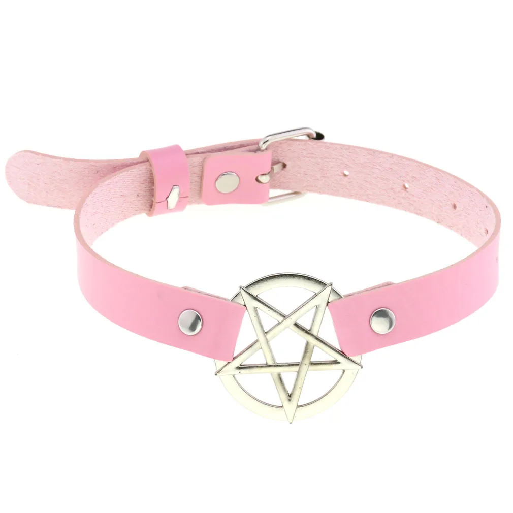 DIEZI Trendy Punk Pink Lace Leather Choker Necklace For Women Men Torques Harajuku Gothic Cirle Heart Pendant Necklace Jewelry