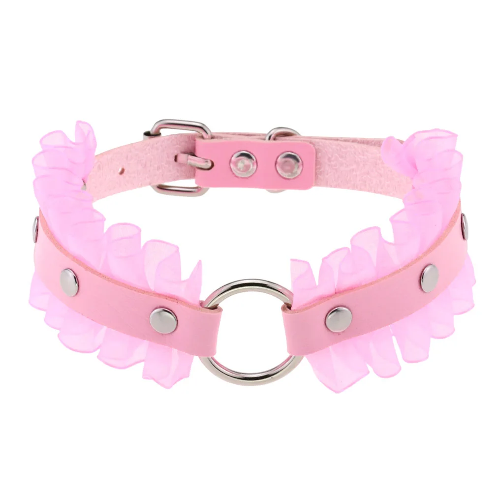 DIEZI Trendy Punk Pink Lace Leather Choker Necklace For Women Men Torques Harajuku Gothic Cirle Heart Pendant Necklace Jewelry