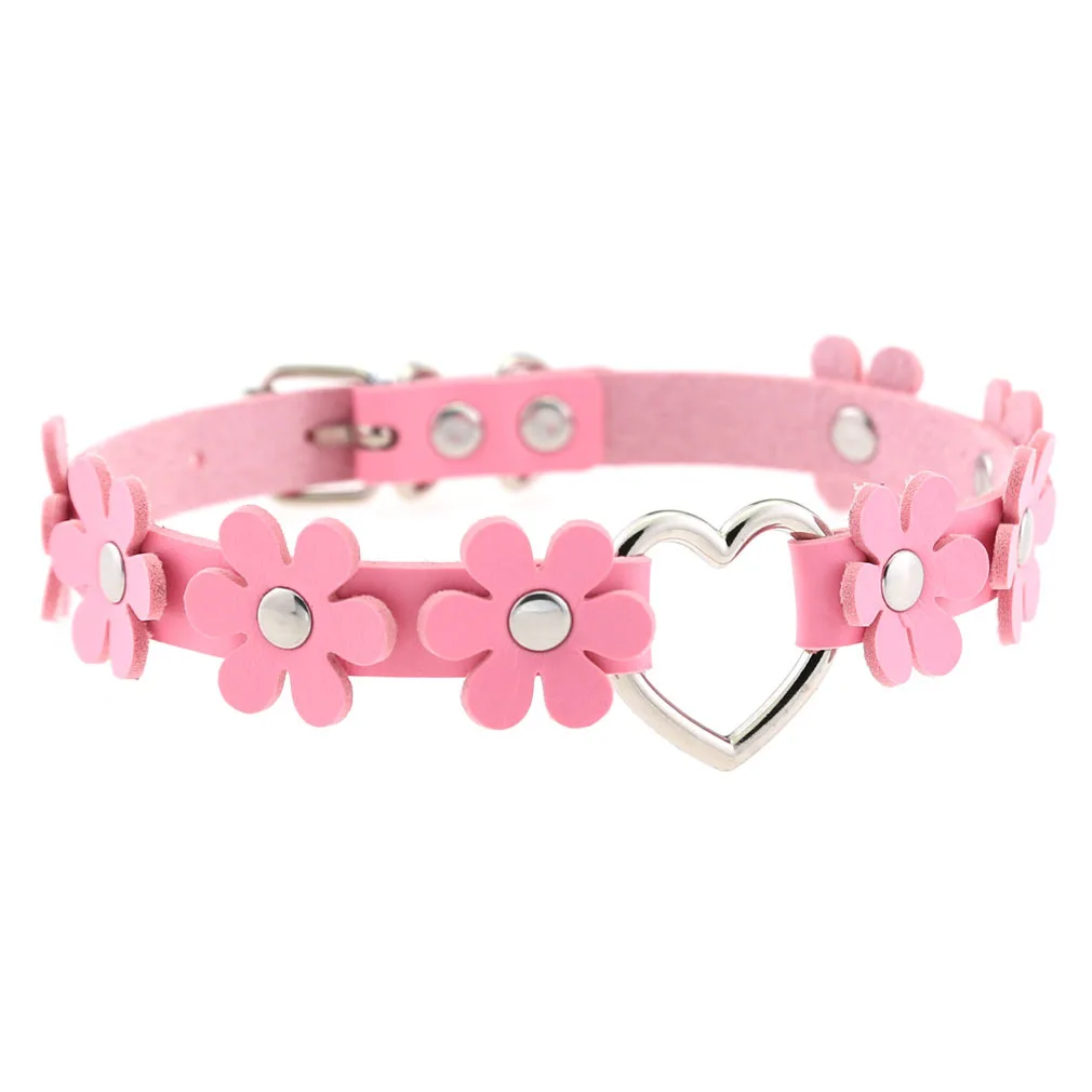 DIEZI Trendy Punk Pink Lace Leather Choker Necklace For Women Men Torques Harajuku Gothic Cirle Heart Pendant Necklace Jewelry