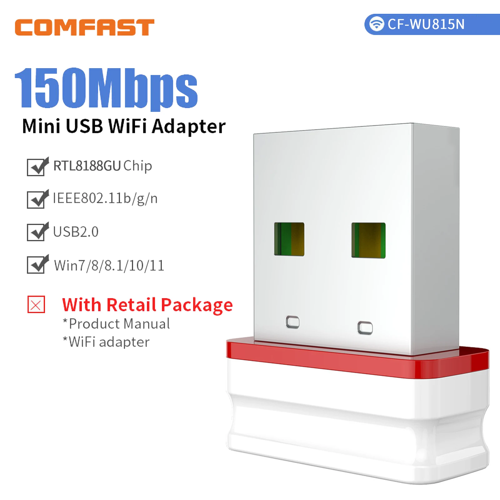 Comfast 150Mbps USB WiFi Adapter 2.4GHz Internet Card Drive Free LAN Wi-Fi Receiver Key Dongle Antenna Para PC Win 7 8 10 11
