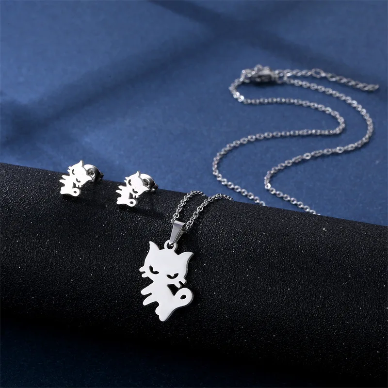 Stainless Steel Animal Jewelry Sets Fashion Women Cat Rabbit Mouse Owl Dolpnin Paw Bear Necklaces Earings Pop Jewelry 2022 New