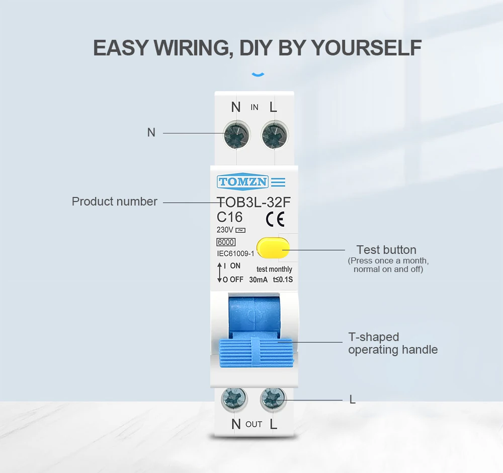 TOMZN RCBO 1P+N 6kA Residual Current Differential Auto Circuit Breaker Over Current Leakage Protection 18MM 230V 50/60Hz