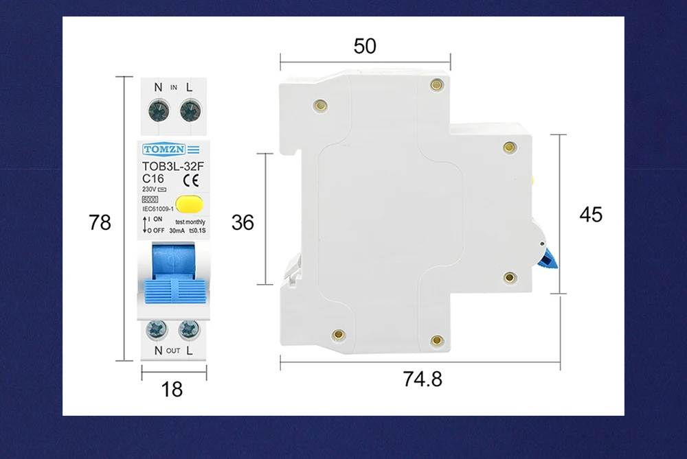 TOMZN RCBO 1P+N 6kA Residual Current Differential Auto Circuit Breaker Over Current Leakage Protection 18MM 230V 50/60Hz