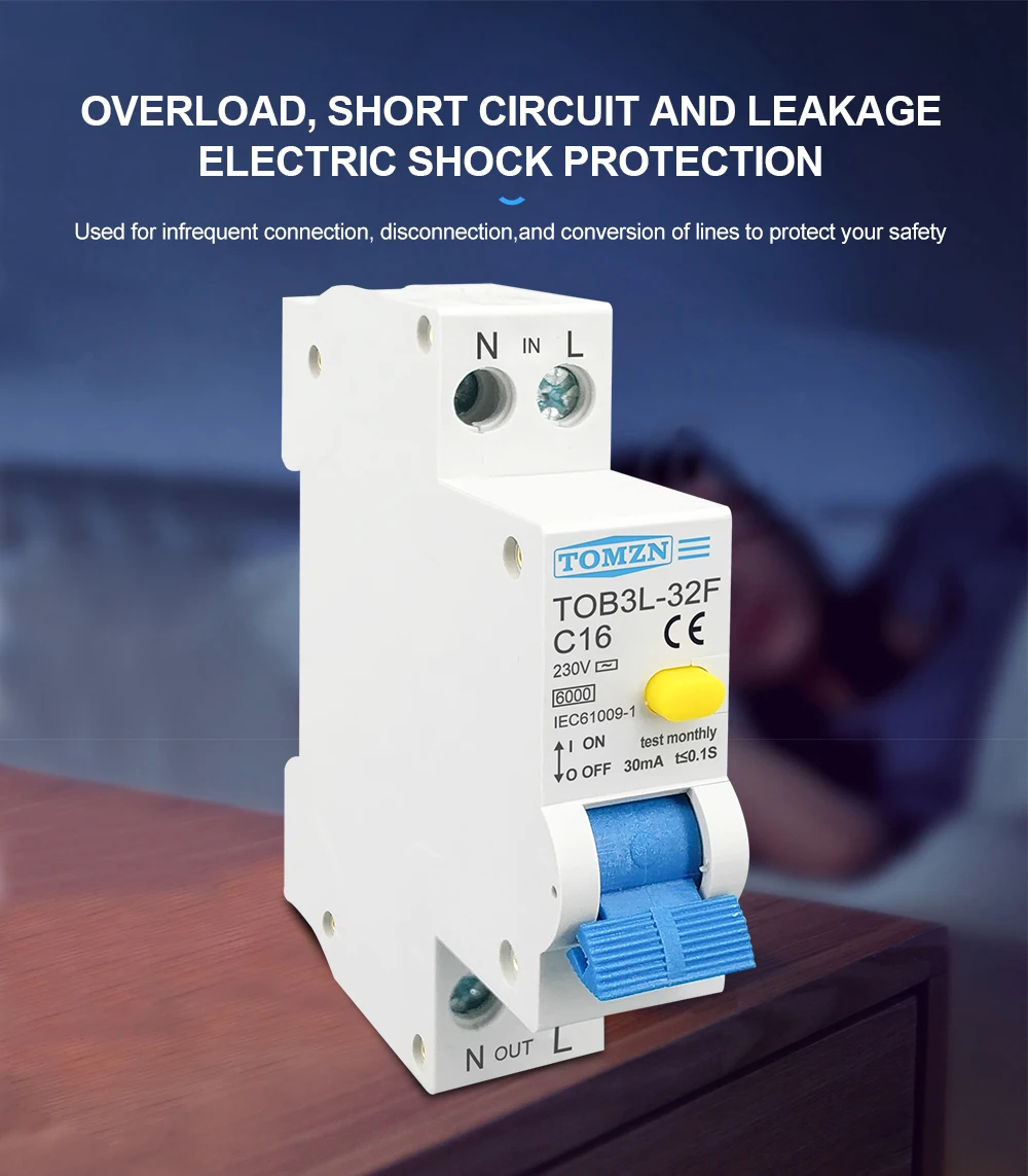 TOMZN RCBO 1P+N 6kA Residual Current Differential Auto Circuit Breaker Over Current Leakage Protection 18MM 230V 50/60Hz