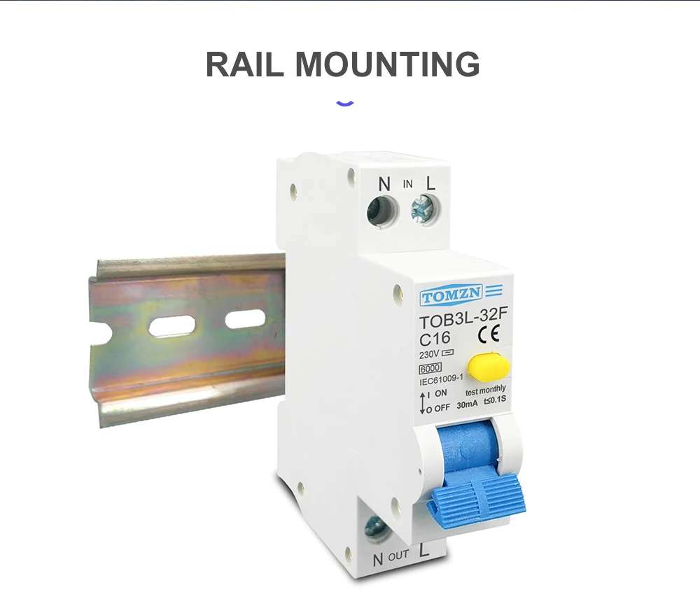 TOMZN RCBO 1P+N 6kA Residual Current Differential Auto Circuit Breaker Over Current Leakage Protection 18MM 230V 50/60Hz