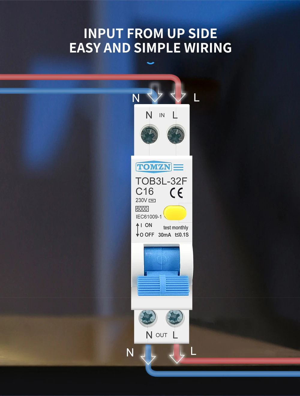 TOMZN RCBO 1P+N 6kA Residual Current Differential Auto Circuit Breaker Over Current Leakage Protection 18MM 230V 50/60Hz