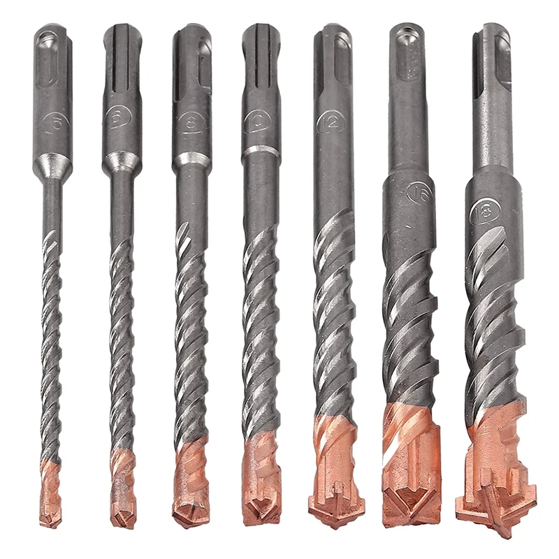 7 Pcs 4 Flute SDS Plus Hammer Drill Bit Set 5 6 8 10 12 14 16 18mm 160 200mm For Concrete Brick Block Stone Masonry And Granite